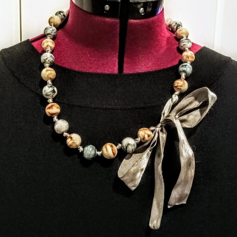 Round Stone Bead Hand-Knotted Silk Necklace